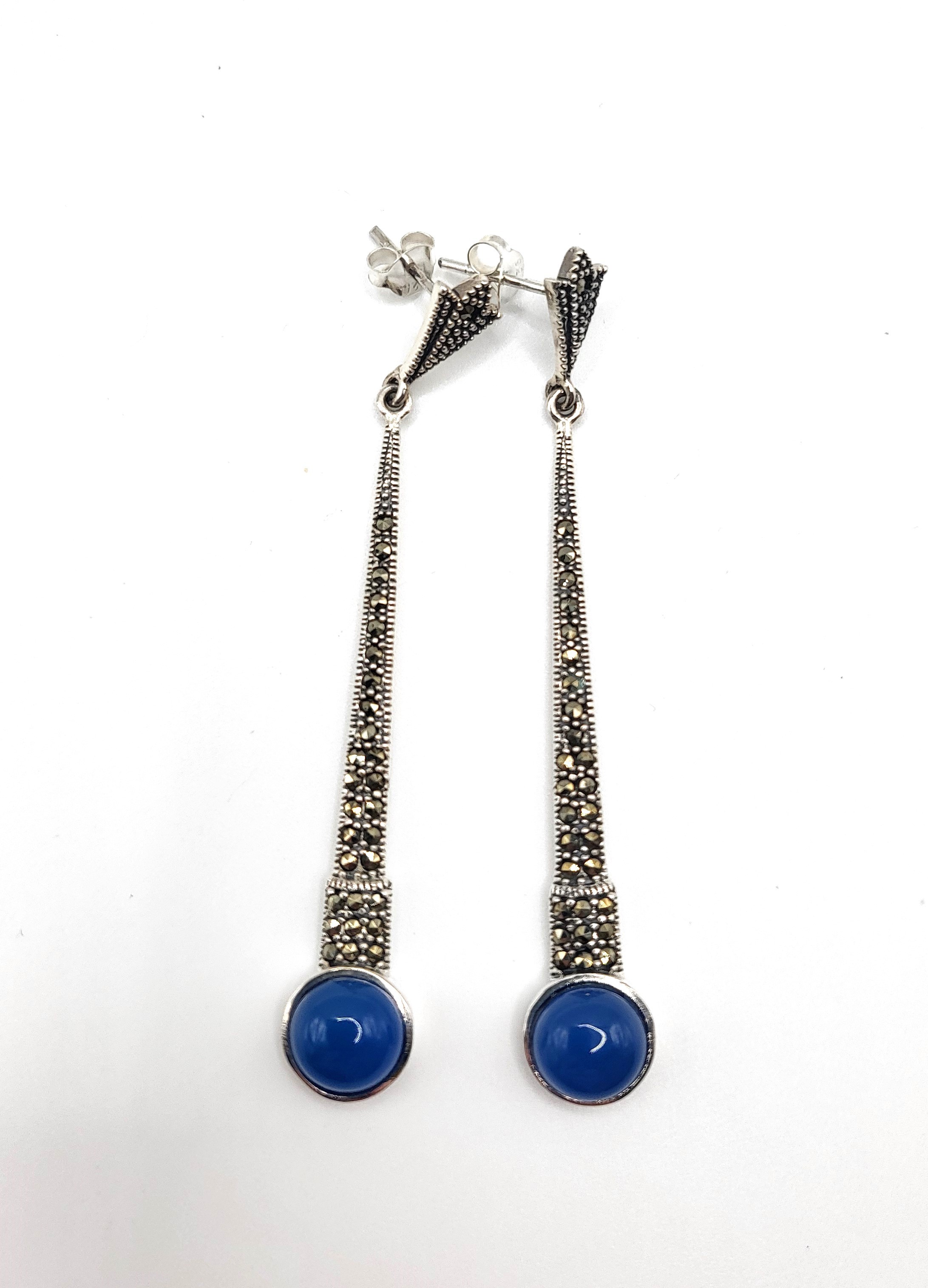 A pair of silver marcasite and lapis style drop earrings. 6.5cm. - Image 2 of 3