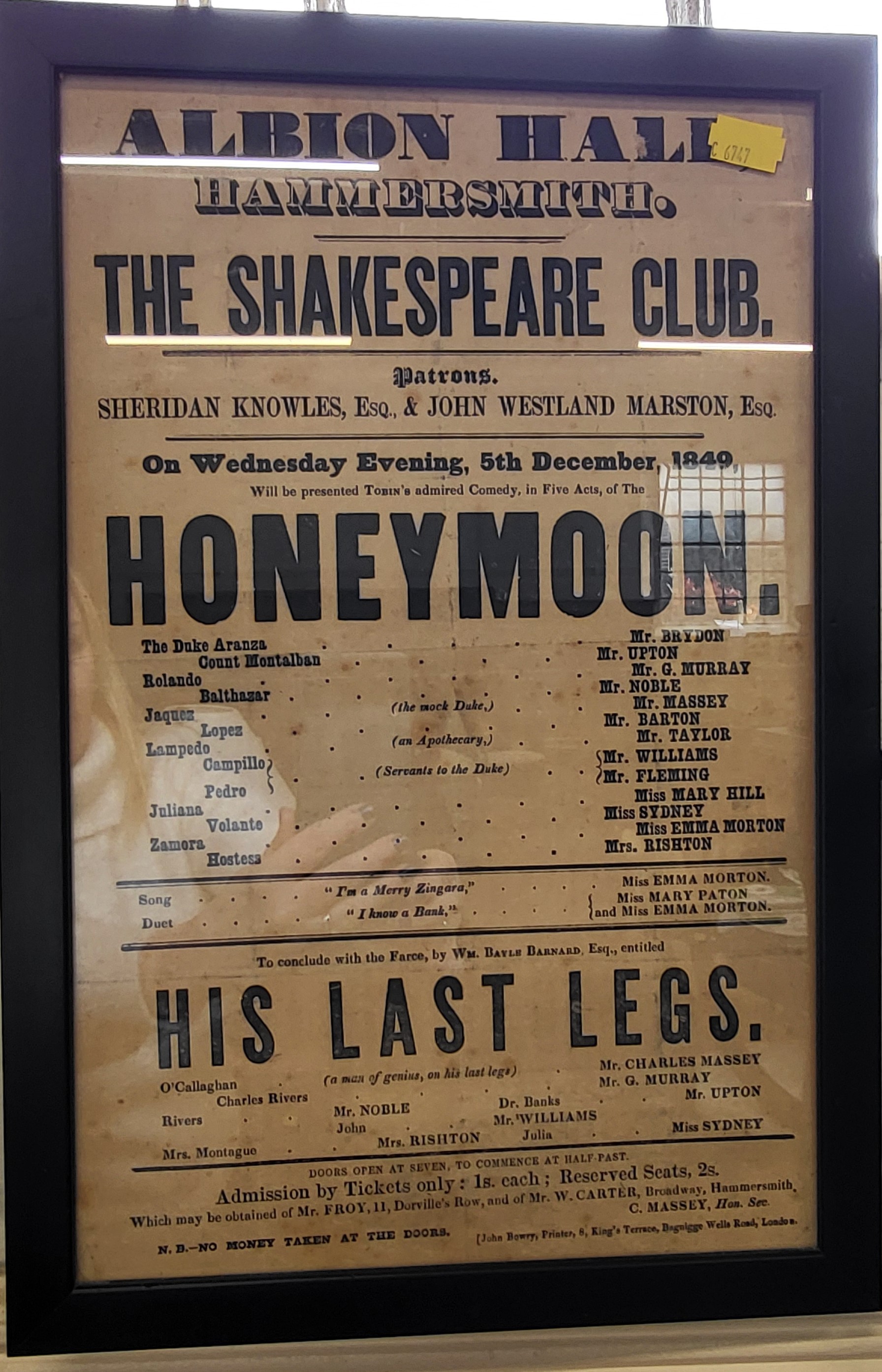 An original theatre poster original dating from1849, framed and glazed. 41 x 27cm.