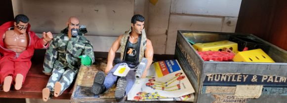 Three Hasbro action man dolls and Bilo model parts.