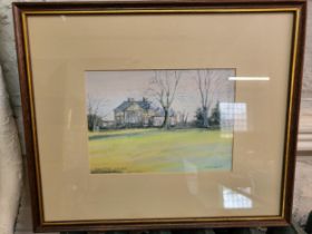 A group of four pictures, including a watercolour of a country cottage, a watercolour of Paxton