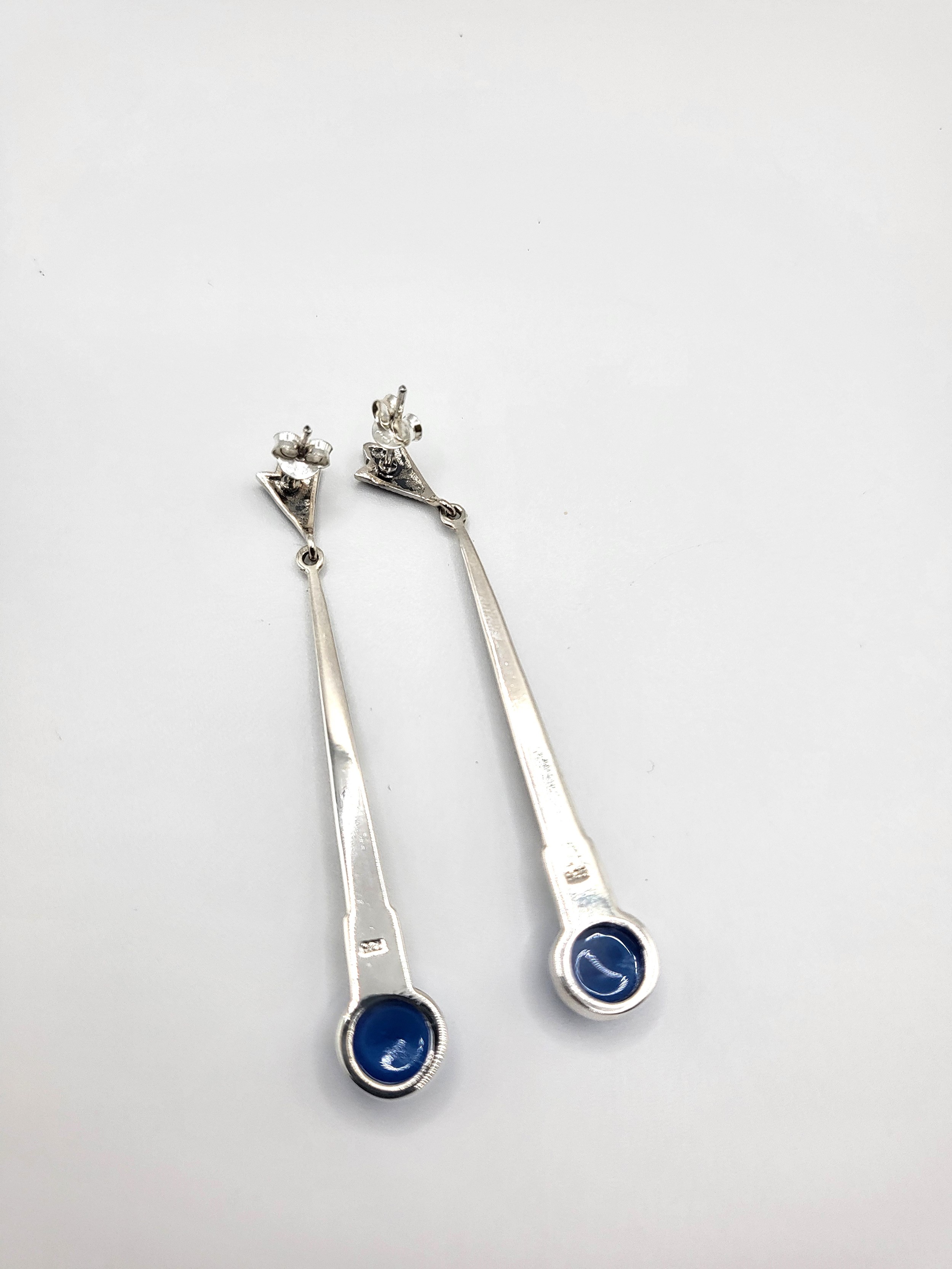 A pair of silver marcasite and lapis style drop earrings. 6.5cm. - Image 3 of 3