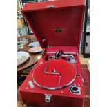 A red leather cased Columbia Viva-tonial Grafonola gramophone.