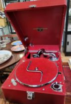 A red leather cased Columbia Viva-tonial Grafonola gramophone.