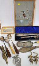 A collection of brass and metalware, including a painting of a picture of a kingfisher by Audrey