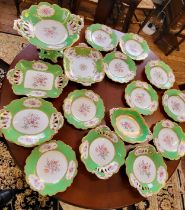 A comport and fourteen plates/ bowls with green ground floral border and one Coalport and one Royal