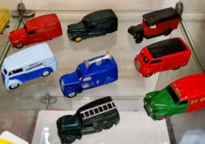 Eight Dinky Toys van including Morris Captan, Austin Nestles, and Loudspeaker Van, all repainted. (