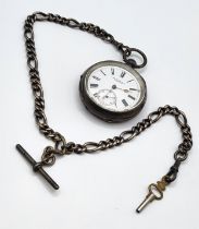 A Silver John Myers & Co fob watch and chain, white enamel Roman numeral dial. Dial 4.5 cm.