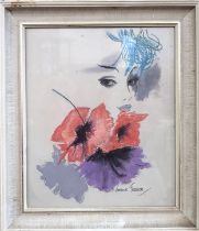 Image of a young lady and flowers in pastel by Arthur Ferrier, glazed and framed. 37cm x 32cm