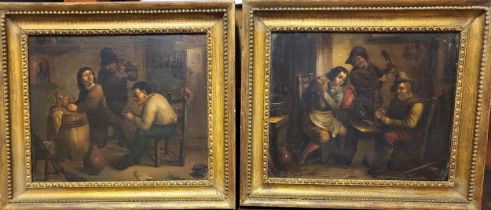 A pair of late 19th century paintings depicting tavern interior scenes, oil on board, in giltwood