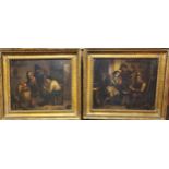 A pair of late 19th century paintings depicting tavern interior scenes, oil on board, in giltwood