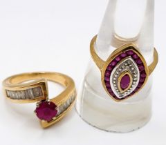 A 14ct yellow gold, diamond, and ruby crossover ring, set with a mixed round-cut ruby, measuring