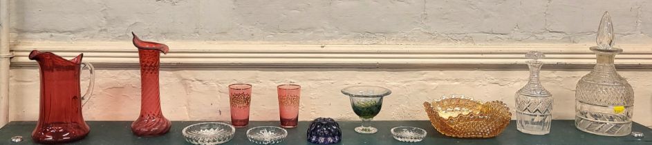 A Cranberry glass Jack-in-the-pulpit vase, 23cm, Cranberry glass jug, 20cm, carnival glass dish, two