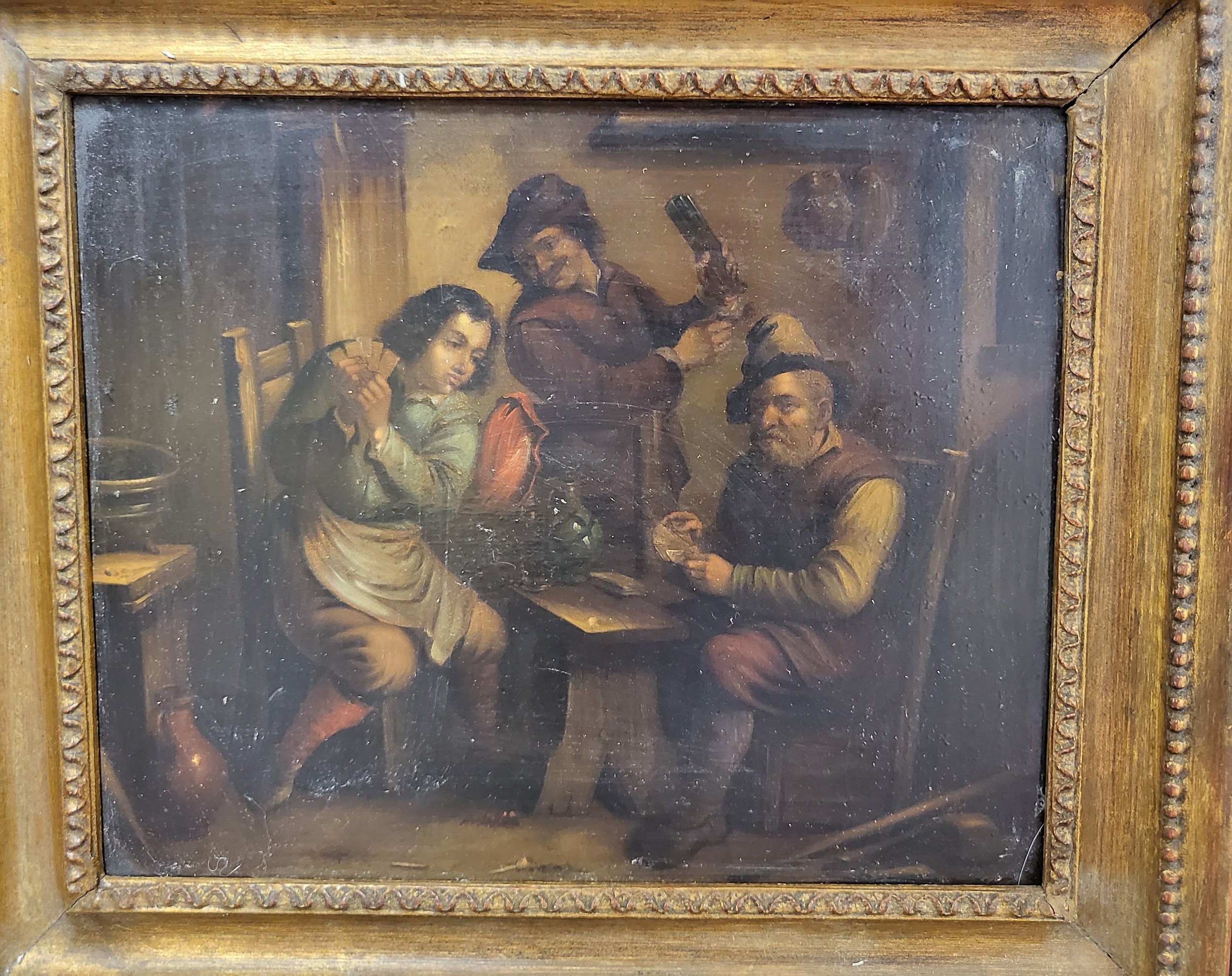 A pair of late 19th century paintings depicting tavern interior scenes, oil on board, in giltwood - Image 3 of 3