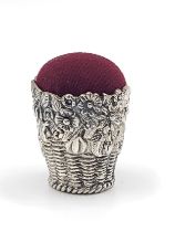 A silver bucket pincushion in the form of a bouquet of flowers. 3.2cm