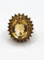 A 9ct yellow gold and citrine cocktail ring, set with a large mixed oval-cut stone within a double