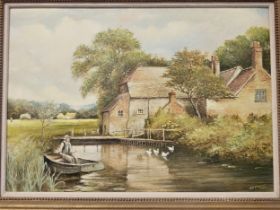 A scene of Flatford Mill, Suffolk, by Harold Ferguson, oil on board, framed. 70 x 52 cm.