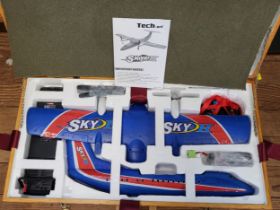 Radio controlled tech art sky II model plane in wooden box. (unused)