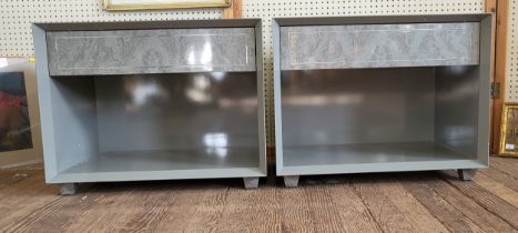 A pair of grey open cabinets with a single drawer. 61cm x 77cm x 50cm.