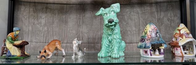 A Sylvac 1380 green Terrier, 30cm, a pair of mice cottages, 18cm, a pottery lady at desk with