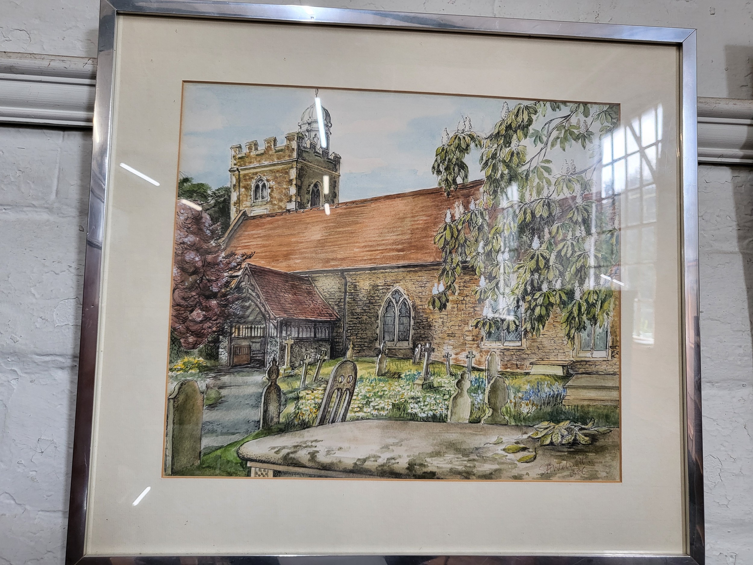 A watercolour of Binfield Church indistinguishably signed, 1986. framed and glazed. 45 x 50cm.