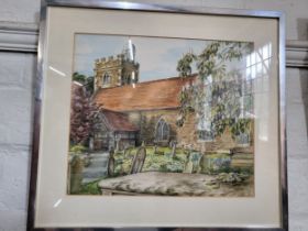 A watercolour of Binfield Church indistinguishably signed, 1986. framed and glazed. 45 x 50cm.