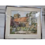 A watercolour of Binfield Church indistinguishably signed, 1986. framed and glazed. 45 x 50cm.