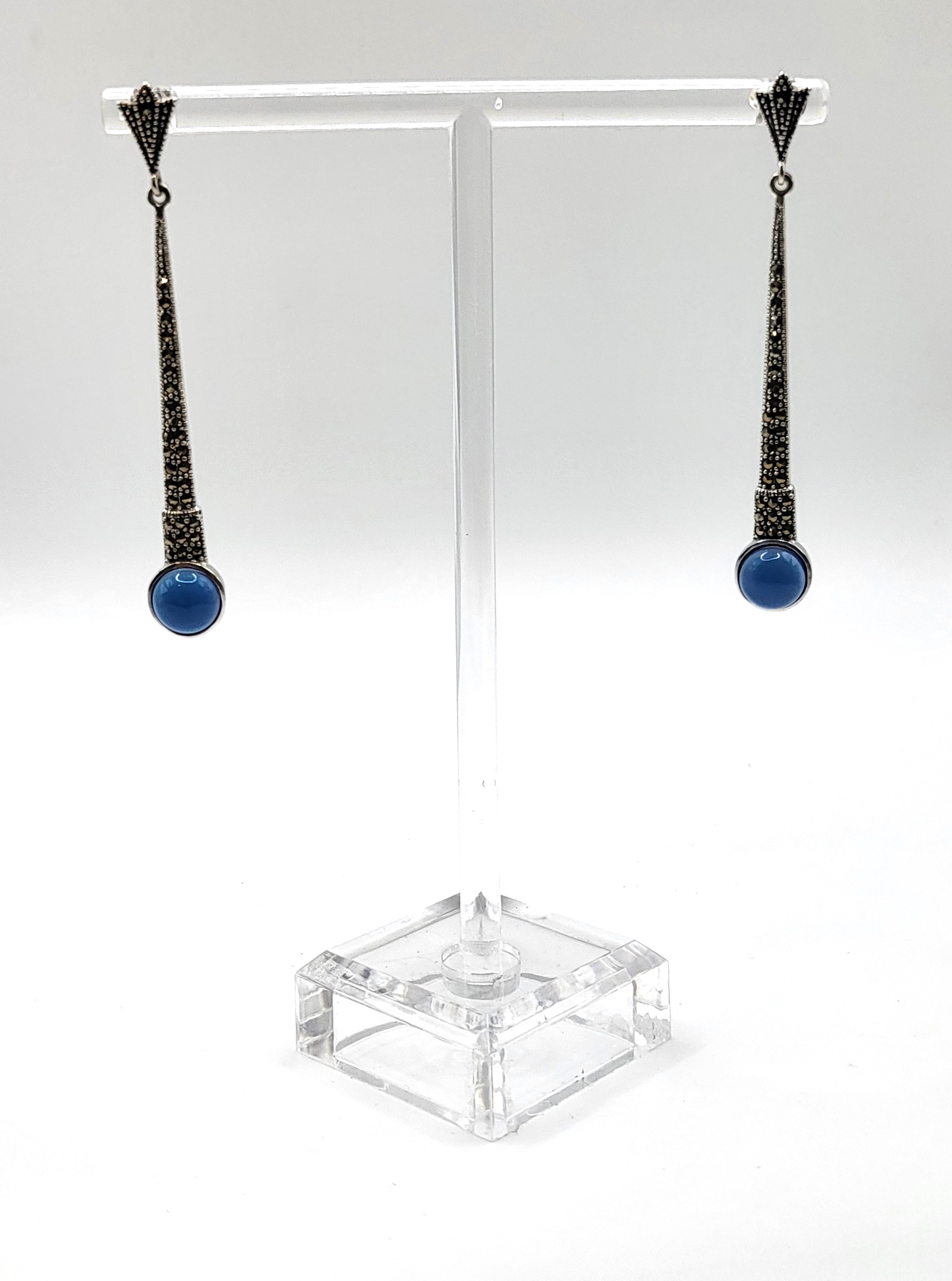 A pair of silver marcasite and lapis style drop earrings. 6.5cm.