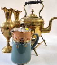 A brass kettle, together a pair of brass vases and a coffee pot. (4)