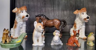 A pair of Sylvac 1379 Terriers, 20cm, a Beswick horse, 21cm, a Beswick Goldcrest, 6.5cm, and four