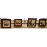 A collection of four Victorian framed painted tiles, depicting A Scottish Loch, Ancient Italy,