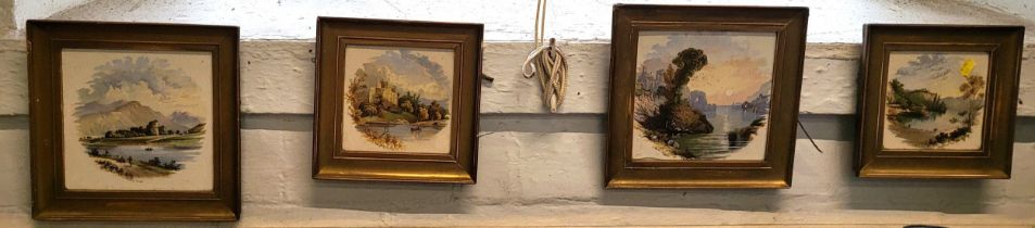 A collection of four Victorian framed painted tiles, depicting A Scottish Loch, Ancient Italy,