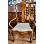 A 19th century Queen Anne style walnut inlaid chair, with splatted back, curved arms, and