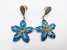 A pair of silver and plique-a-jour style enamel floral drop earrings, in blue and yellow enamel,