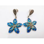 A pair of silver and plique-a-jour style enamel floral drop earrings, in blue and yellow enamel,