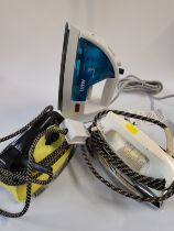 Two mid-century irons, A Morphy Richards and a Sunbeam plus a more modern MTec (unused). (3)