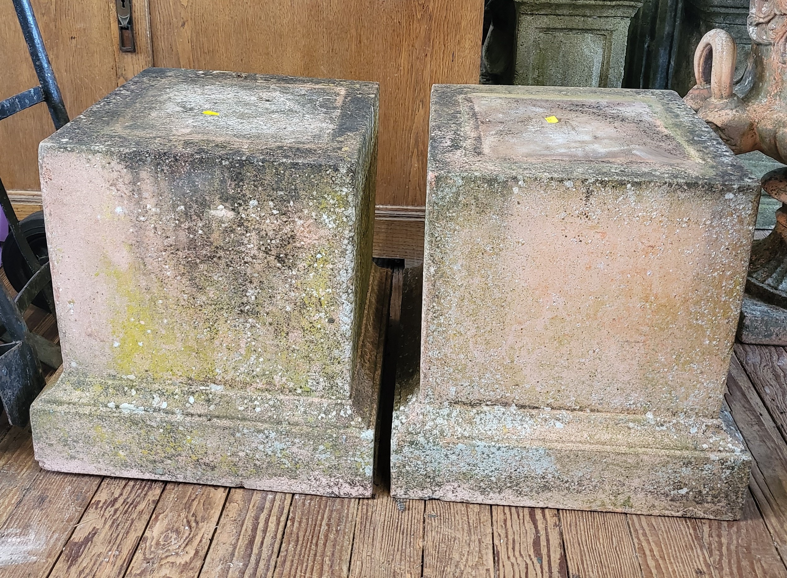 A pair of large red stone campagna shaped urns (80cm x 66cm), with everted rims and twin handles, - Image 3 of 3