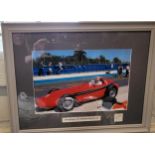 Sir Stirling Moss framed photo 1957 Maserati 250F V6 with signature. 34cm x 44cm.