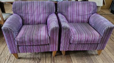 A pair of upholstered armchairs, purple striped. 80cm x 78cm x 80cm