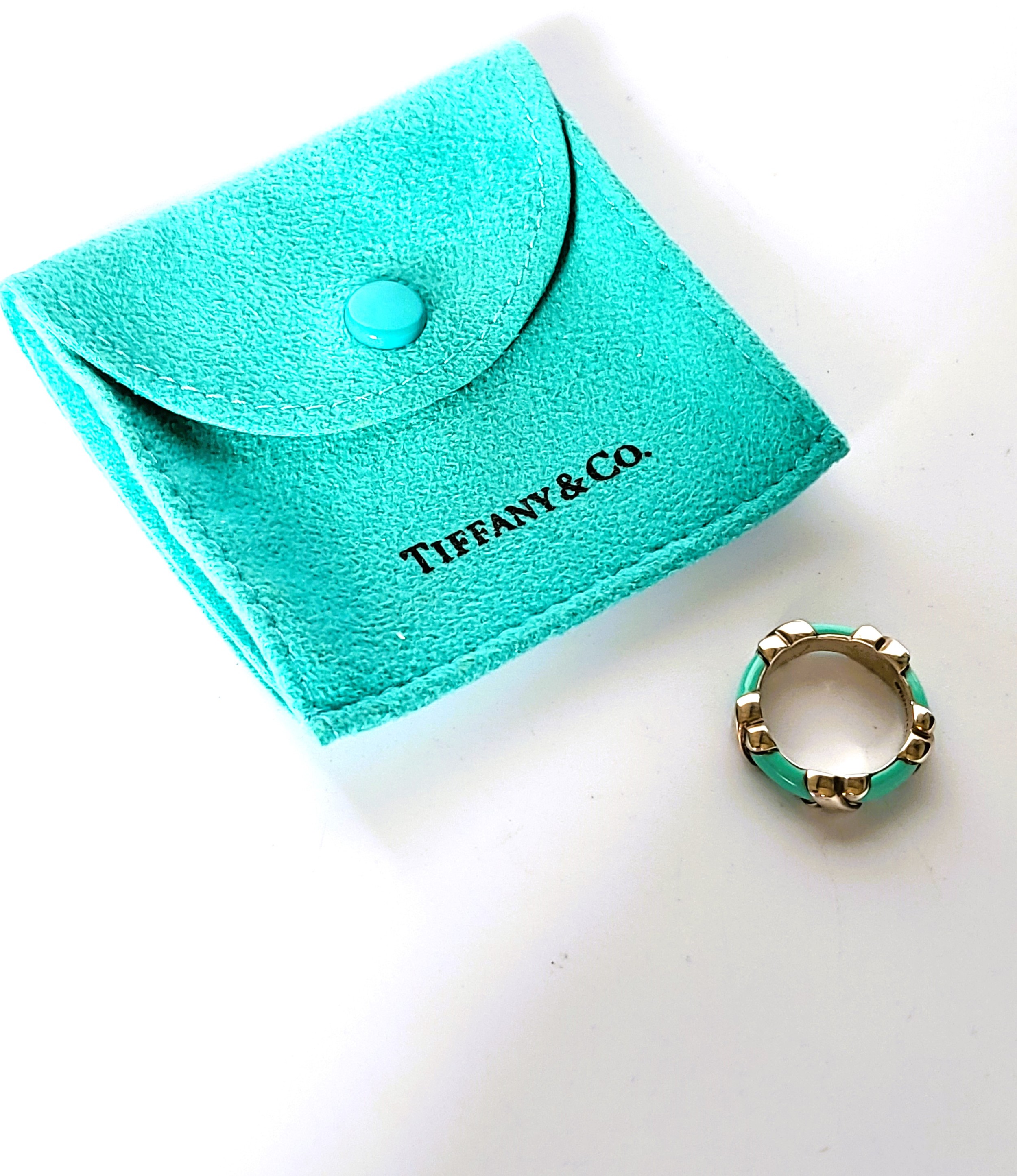 Tiffany silver and turquoise enamel ring with pouch