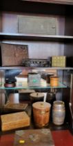 Ten boxes including a wooden lidded ice bucket, an oak and copper barrel, an oval wooden vase stand,