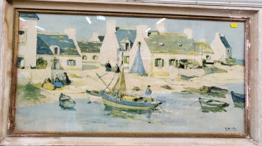 A fishing scene in Brittany, a print by Richard Wintz, framed and glazed. 50cm x 93cm.