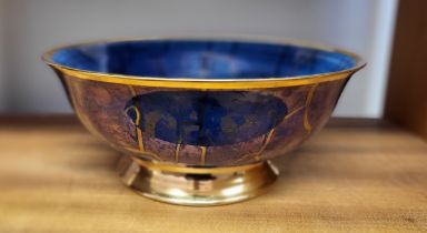 An Atkinson-Jones blue-glazed lustreware footed bowl, with painted craquelure design to interior and