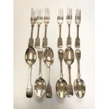 A set of six silver spoons and forks, with bright cut decoration, dated 1926-33, forks 16.5 cm long.