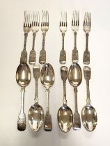 A set of six silver spoons and forks, with bright cut decoration, dated 1926-33, forks 16.5 cm long.