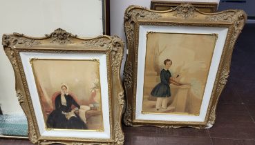 A pair of late 19th century watercolour portraits, depicting a finely dressed seated lady in an