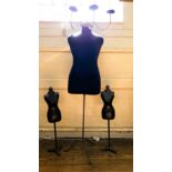 Three mannequins: two papier mache body mannequins, 85cm on stand, one velvet body, 160cm with three