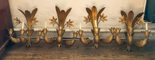 Four brass wall sconces for candles (wiring has been removed), with floral and leaf design. 60cm x