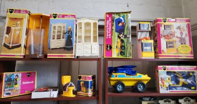 Pedigree Sindy accessories including shower, china cabinet, toilet, barbeque, magic cooker, buggy