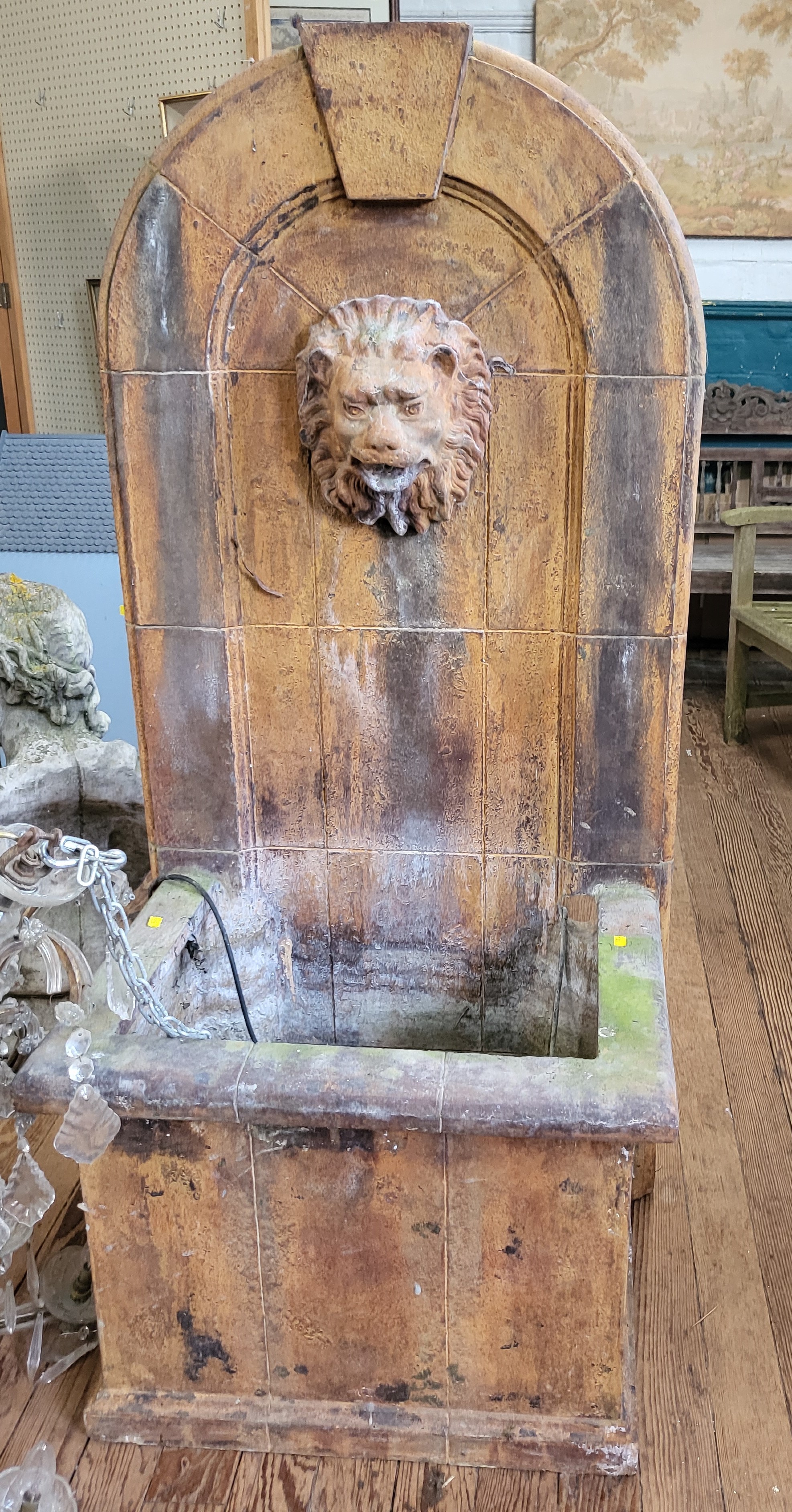 A fibre glass/ resin decorative garden water fountain / feature, decorated with a lion visage, abov