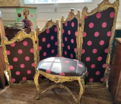 A polka dot four fold room screen (164 x 230cm when unfolded) and stool 62cm x 87cm. Screen has some